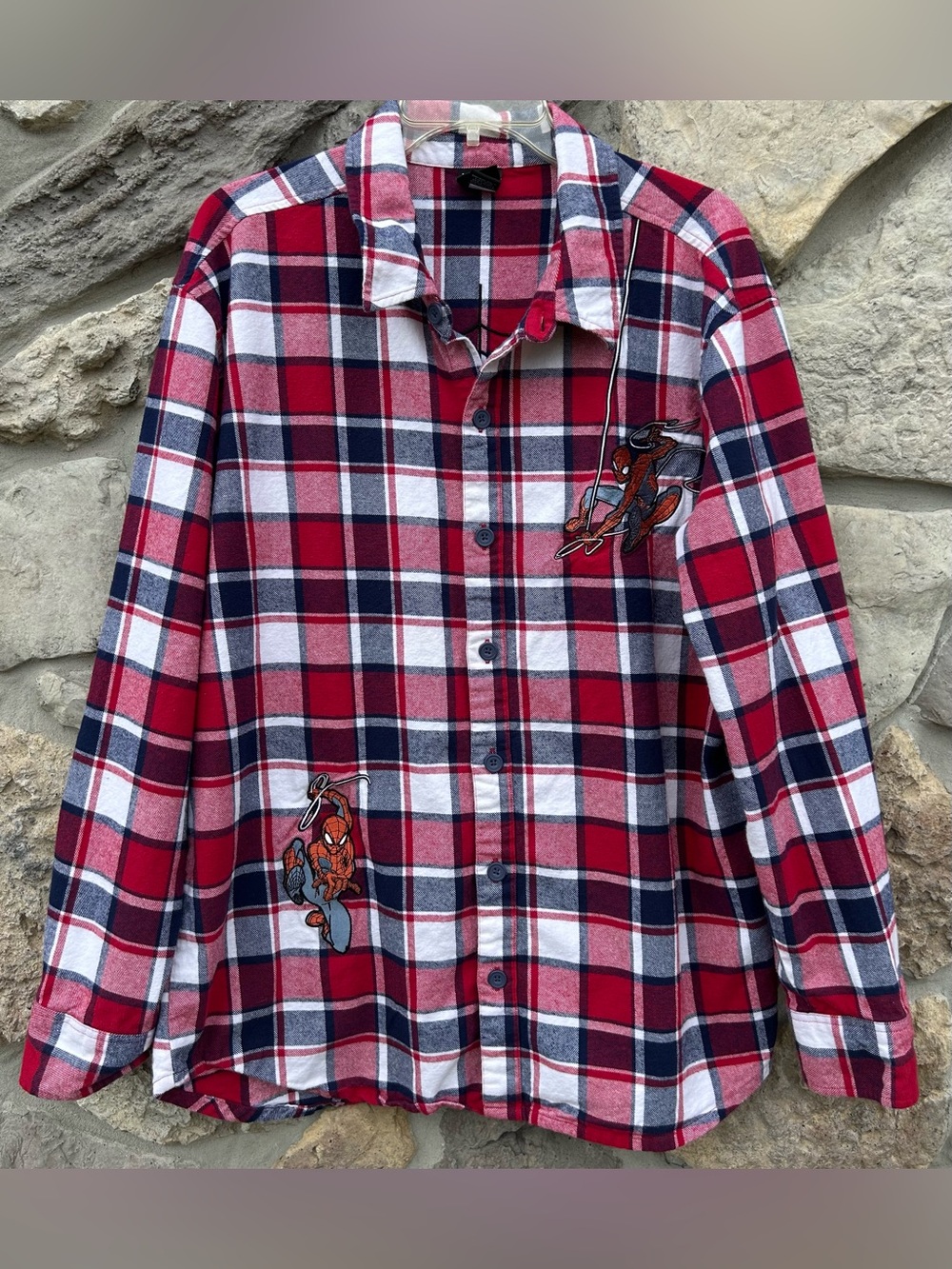 Marvel Spiderman Plaid Flannel Button Up Shirt Mens LG Red Embroidered Graphics